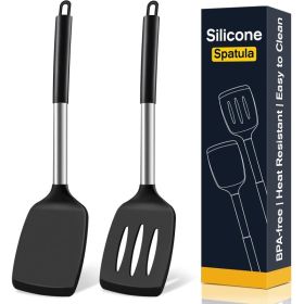 2 Pack Silicone Spatula Set, Solid & Slotted Turners For Non-Stick Pans, High Heat Resistant Cooking Utensils, BPA-Free, Black