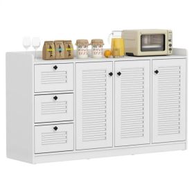 White Buffet Sideboard Cabinet, 3 Drawers & 3 Shutter Door Cabinets, Abundant Storage Space