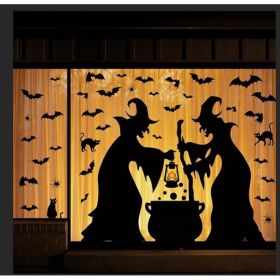 3-Sheet Extra Large Halloween Window Clings With Witch, Black Cat, Bat, Spider And Cauldron Silhouette Decals