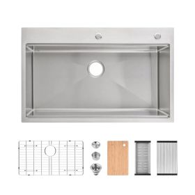Stainless Steel Kitchen Sink, 36â€³x22â€³ Single Bowl, Overmount Handmade Sink in Brushed, with Cutting Board, Colander, Grid[Unable ship weekends, TK