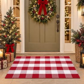 Christmas Red And White Plaid Door Mat, 28 X 43 Inches Cotton Hand-Woven Layered Entry Mat For Front Porch, Entryway, Outdoor Holiday Decor, Washable