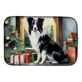 Border Collie Cozy Christmas Dish Drying Mat Absorbent Dish Drying Mat Pad for Kitchen Counter Dish Drainer Mat for Countertop, 14 x 21", Multicolor