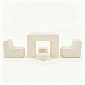 1 PC Kids Modular Sofa Set, 1 Table & 2 Chairs With 2 Round Cushions, White Corduroy Kids Sofa