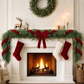 Christmas Decor  6FT Norfolk Pine Garland With Ribbon Bows Red Velvet