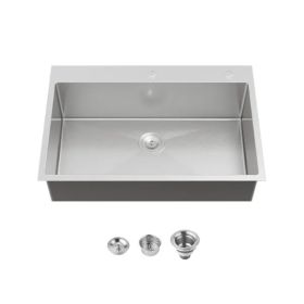 Kitchen Sink, 33â€³x22â€³ Single Bowl, Overmount Handmade Sink in Brushed Nickel, with US Standard Drain and Hook[Unable to ship on weekends,usps/fede