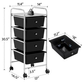 Rolling Trolley Storage Cart Bin With 4 Plastic Drawers On Wheels, Black