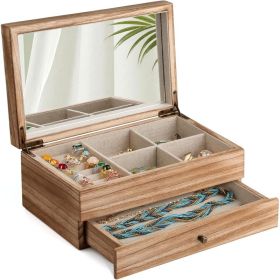 2 Layer Wooden Jewelry Box With Mirror And Ring Tray, Large Rustic Jewelry Organizer For Necklaces, Earrings, Bracelets And Rings