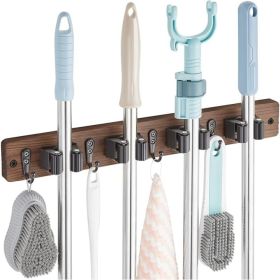 Wall-Mounted Mop And Broom Holder, Wooden Garden Tool Rack Organizer With 4 Slots And 4 Hooks