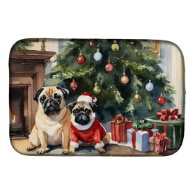 Pug Cozy Christmas Dish Drying Mat Absorbent Dish Drying Mat Pad for Kitchen Counter Dish Drainer Mat for Countertop, 14 x 21", Multicolor