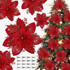 16 PCS Poinsettia Flower Artificial Poinsettias With Clips Christmas Decor Glitter Poinsettia Christmas Ornaments Xmas Tree Flower Decorations