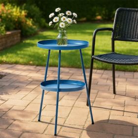 Double Layered Circular Small Edge Table, Dark Blue Metal Frame, Compact Coffee Table With A Diameter Of 12.6 Inches, Adjustable Anti Slip Feet, Limit