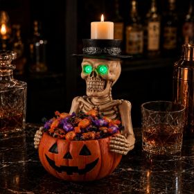 Not For Sale On Wayfair--- Halloween Skeleton Figurine With Pumpkin Candy Bowl & Candle Holder, Spooky Table Decor For Halloween
