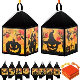 16 Sets Halloween Lantern Crafts Set Suncatchers Tissue Paper DIY Set DIY Pumpkin Witch Castle Lanterns, Make Your Own Ornament For Window, Classroom