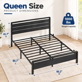 Queen Size Metal Wood Platform Bed Frame, 3-Panel Black Wood Grain Headboard With LED Light & Charging Station, Heavy Duty Steel Slat Support, No Box