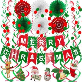Merry Christmas Banner & Paper Fan Flower Garland, Circle Confetti, Hanging Swirl Streamers For Christmas Tree & Party Decor