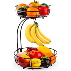 2-Tier Iron Countertop Fruit And Vegetable Basket With Banana Hanger, Black Kitchen Storage Organizer