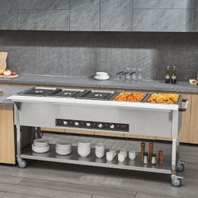 5-Pan Commercial Food Warmer, 5 X 20.6QT Electric Steam Table, 3750W Professional Buffet Catering Food Warmer With 4 Wheels (2 Lockable), Food Grade S