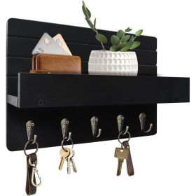 Wall Mount Key Holder With Shelf, 5 Sturdy Hooks And Mail Organizer For Keys, Dog Leashes, Glasses And Entryway