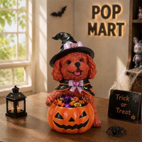 Not For Sale On Wayfair--- Halloween Brown Teddy Dog Witch Figurine, Cute Puppy Holding Pumpkin Candy Bowl Decoration