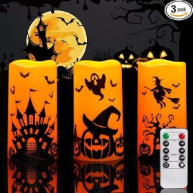 Halloween Waterproof Flameless LED Pillar Candle With Remote Control And Timer