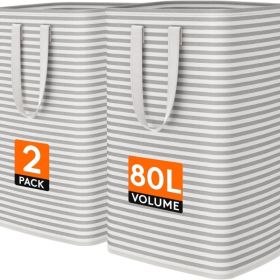 2PCS 80L Large Laundry Baskets, Foldable Laundry Hamper Bags, Spacious Clothes Storage Bins, Grey