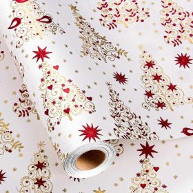 Christmas Wrapping Paper, Metallic Gold Foil Trees With Red Stars & Hearts, Holiday Gift Wrap Roll