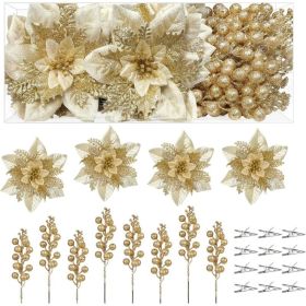 Artificial Christmas Poinsettia Flowers And Berries 24 Units, Faux Floral Picks For Tree, Wreaths, Garlands And Holiday Decor