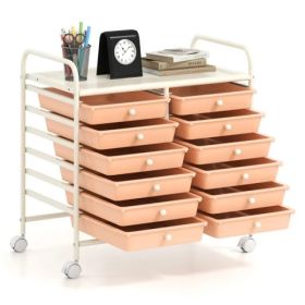 12-Drawer Rolling Storage Cart - 2-Row 10-Storey, Multicolor Drawers, 4 Wheels (2 Brake), White Frame-Peach