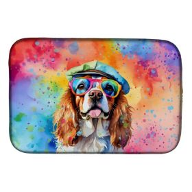 Cavalier Spaniel Hippie Dawg Dish Drying Mat Absorbent Dish Drying Mat Pad for Kitchen Counter Dish Drainer Mat for Countertop, 14 x 21", Multicolor