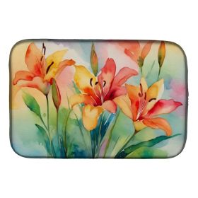 Lilies in Watercolor Dish Drying Mat Absorbent Dish Drying Mat Pad for Kitchen Counter Dish Drainer Mat for Countertop, 14 x 21", Multicolor