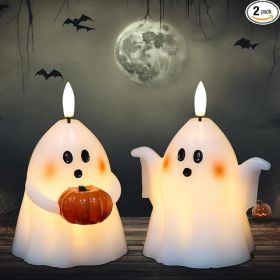 Halloween Ghost Flameless Candle With Timer And Hand-Painted Pumpkin Design