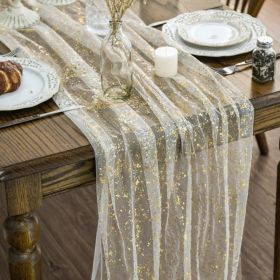 Gold Gauze Table Runner 120 Inch 10FT, Glitter Metallic Foil Sheer Dining Wedding Anniversary Holiday Birthday Table Decor For Home Party