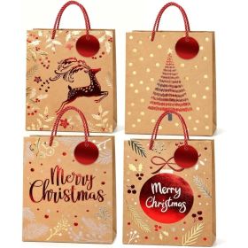 12PCS Christmas Kraft Paper Gift Bags With Handles, Assorted Holiday Gift Wrapping Bags, 4 Patterns