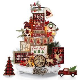 24 Pack Christmas Tiered Tray Decor, Rustic Wooden Buffalo Plaid Holiday Decorations, Festive Tabletop Ornaments For Home & Kitchen