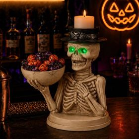 Not For Sale On Wayfair--- Halloween Skeleton Figurine With Storage Bowl & Candle Holder, Spooky Halloween Decor For Indoor Home