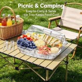 Clear Divided Cold Food Serving Platter, 3-Piece Tray Kit with Ice Tray, Lid, 3 Tongs and 10 Sporks for Fruits, Appetizers, Sushi for Picnic and Parti