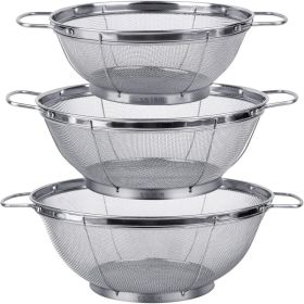3 Pack Stainless Steel Colander Sieves, 5 4 And 3 Quart Mesh Strainer Baskets With Handles & Resting Base For Rinsing, Draining