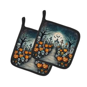 Calaveras Sugar Skulls Spooky Halloween Pair of Pot Holders Kitchen Heat Resistant Pot Holders Sets Oven Hot Pads for Cooking Baking BBQ, 7 1/2 x 7 1/