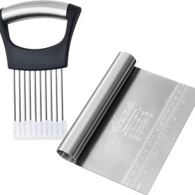 Multi-Purpose Stainless Steel Bench Scraper & Onion Holder Slicer Set - Dough Chopper With Anti-Slip Handle & Safety Cover