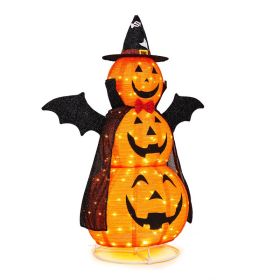 5ft Orange 3-Tier Retractable Fabric Pumpkin Halloween Light Decor With Cape & Wings,130 Warm White LED String Lights,4.5V 3.6W