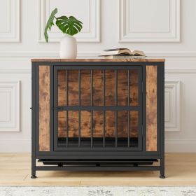 Dog Crate Furniture,  Wooden Dog Crate Table, 27.48" Dog Kennel with 2 Sliding Doors and Thick Iron Door Frame, Decorative Pet Crate House for Small D
