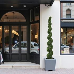 7FT Spiral Topiary Trees Artificial Outdoor Faux Boxwood Plants Large Twisted Green Potted Trees with Light Green Leaves for Garden Front Porch Patio