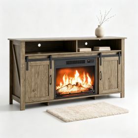 Washed Gray Finish Fireplace TV Stand,  Embossed Particle Board With Melamine Foil, Double Sliding Barn Doors With Track, Fits 23inch Electric Firepla