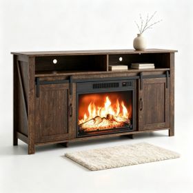 Rotten Wood Finish Fireplace TV Stand, 147.5x39x76cm, Embossed Particle Board With Melamine Foil, Double Barn Door Design With Sliding Track, Fits 23