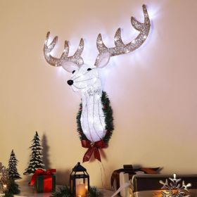 Lighted Christmas Wall Decor Reindeer Head, 28 INCH Pre Lit 3D Rudolph Hanging Wreath With Battery Operated, 8 Modes Timer, Light Up For