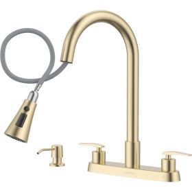 Handle Kitchen Faucet With Pull Down Sprayer Brushed Gold, 4 Holes Sink Faucets For Kitchen RV With Soap Dispenser Stainless Steel