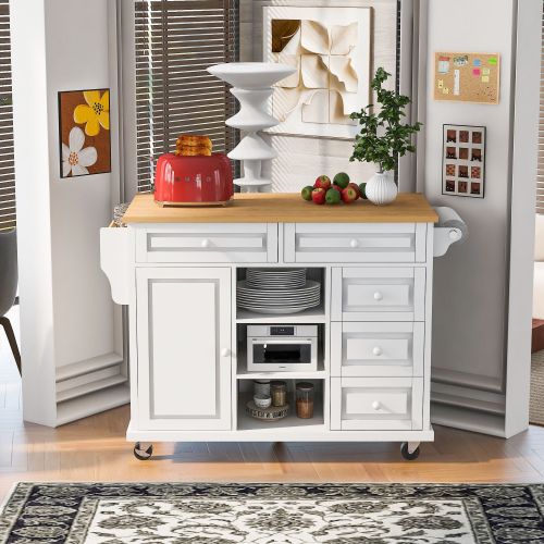 Kitchen cart with Rubber wood desktop rolling mobile kitchen island with storage and 5 draws 53 Inch length(White) Kitchen cart with Rubber wood desktop rolling mobile kitchen island with storage and 5 draws 53 Inch length(White)