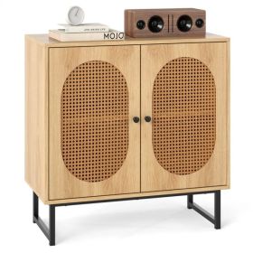 Natural PE Rattan Buffet Cabinet with 3-Level Adjustable Shelf, Boho Style & Soft-Close Hinges