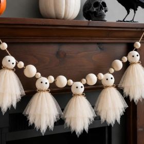 6.5 Ft Halloween Ghost Garland With Wooden Beads, Handmade Cute Ghost Decorations For Mantel, Wall, Door, Shelf & Party Decor