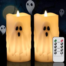 Halloween Ghost Flameless Pillar Candles Set Of 2 With Remote & Timer